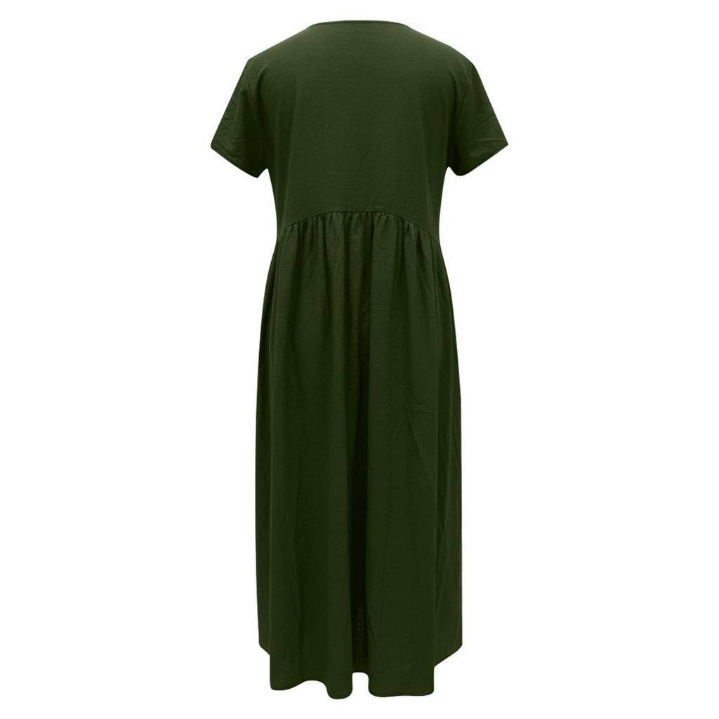 Women's Fashionable Color Cotton And Linen Round Neck Short Sleeved Pocket Casual Loose Beach Vacation Dress