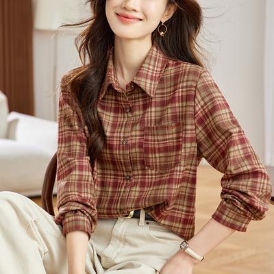 Retro Grinding Plaid Thick Shirt for Women's Spring Clothes New Versatile Lapel Long-sleeved Cardigan Shirt