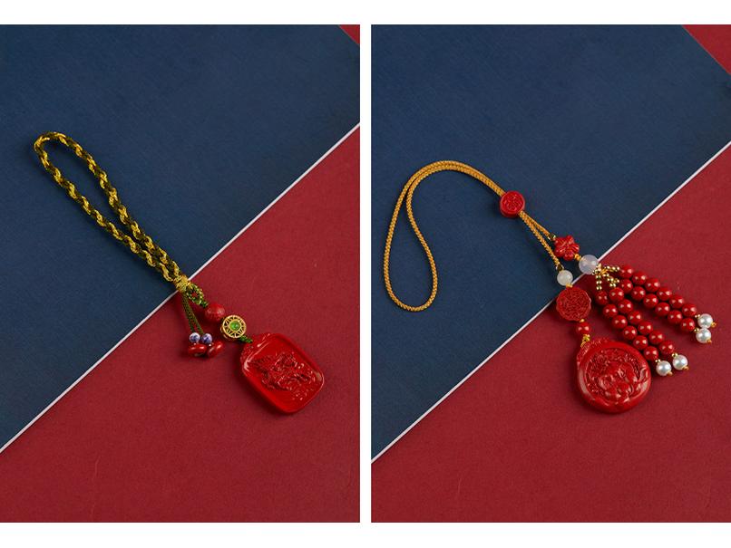Jingchunlan High Content Cinnabar Red Sand Car Charm with Lucky Cat Guanyin Pixiu