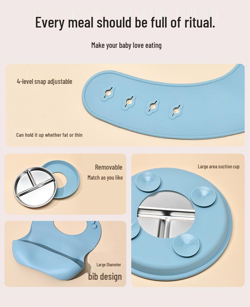 Children's Feeding Tableware Set: Stainless Steel Divided Plate with Food-Grade Silicone Suction Bowl and Spoon