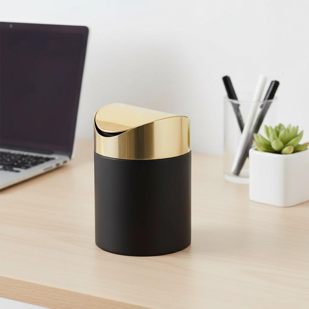 Gold Desktop Trash Can - 304 Stainless Steel Mini Bin with Lid, Light Luxury Storage Basket