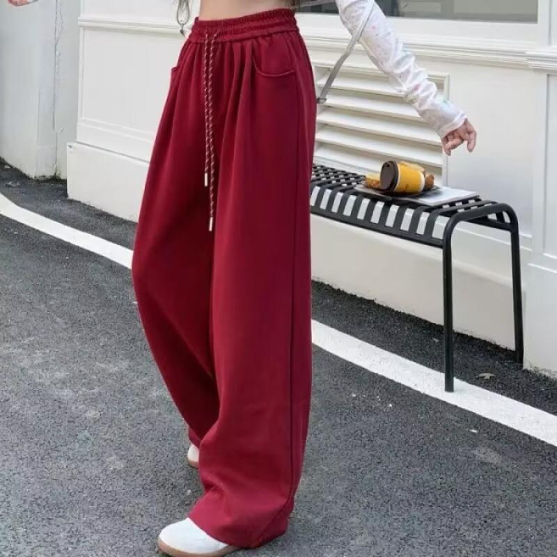 New solid color wide-leg pants, loose and drapey casual long pants for women, autumn drawstring straight pants