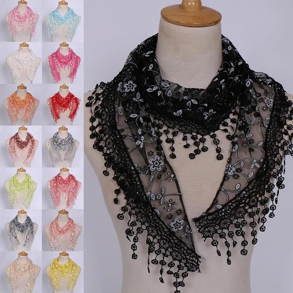 Classic Floral Lace Triangle Scarf Transparent Casual Long Shawl Wrap Luxury Brand Designer Breathable Tassel Shawl Female