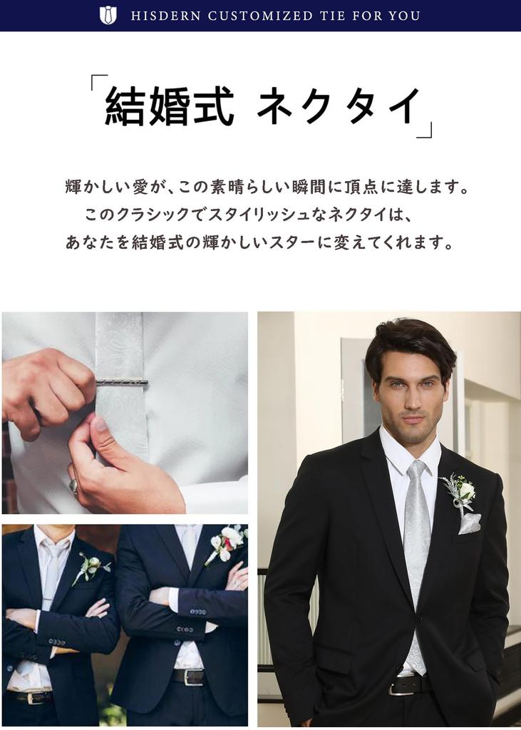 Formal Silver Necktie and Chief Set for Plain School Entrance Graduation TC624A8S3 [HISDERN] Men, Wedding, Necktie, 3-Piece Set, Gentlemen's,