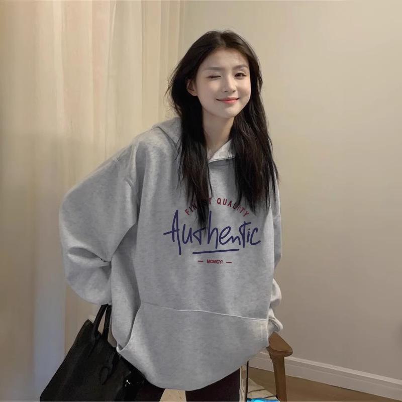Grey hooded sweater women's coat, autumn and winter fleece thickened e loose top