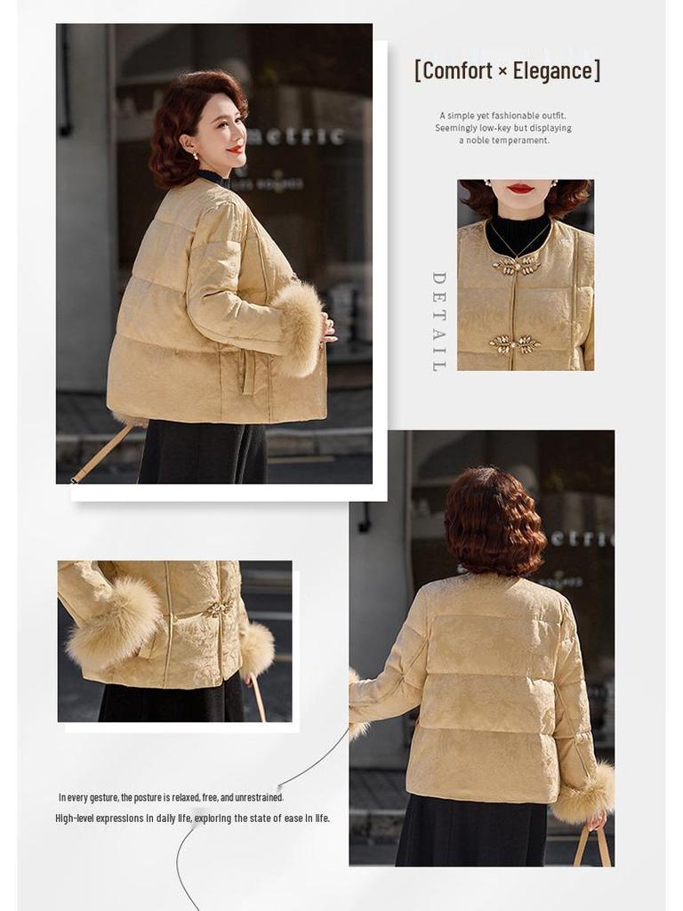 Women's Winter 2025 Jacquard Fox Fur Down Jacket - Short, Round Neck, White Duck Down, New Chinese Style Mother's Coat
