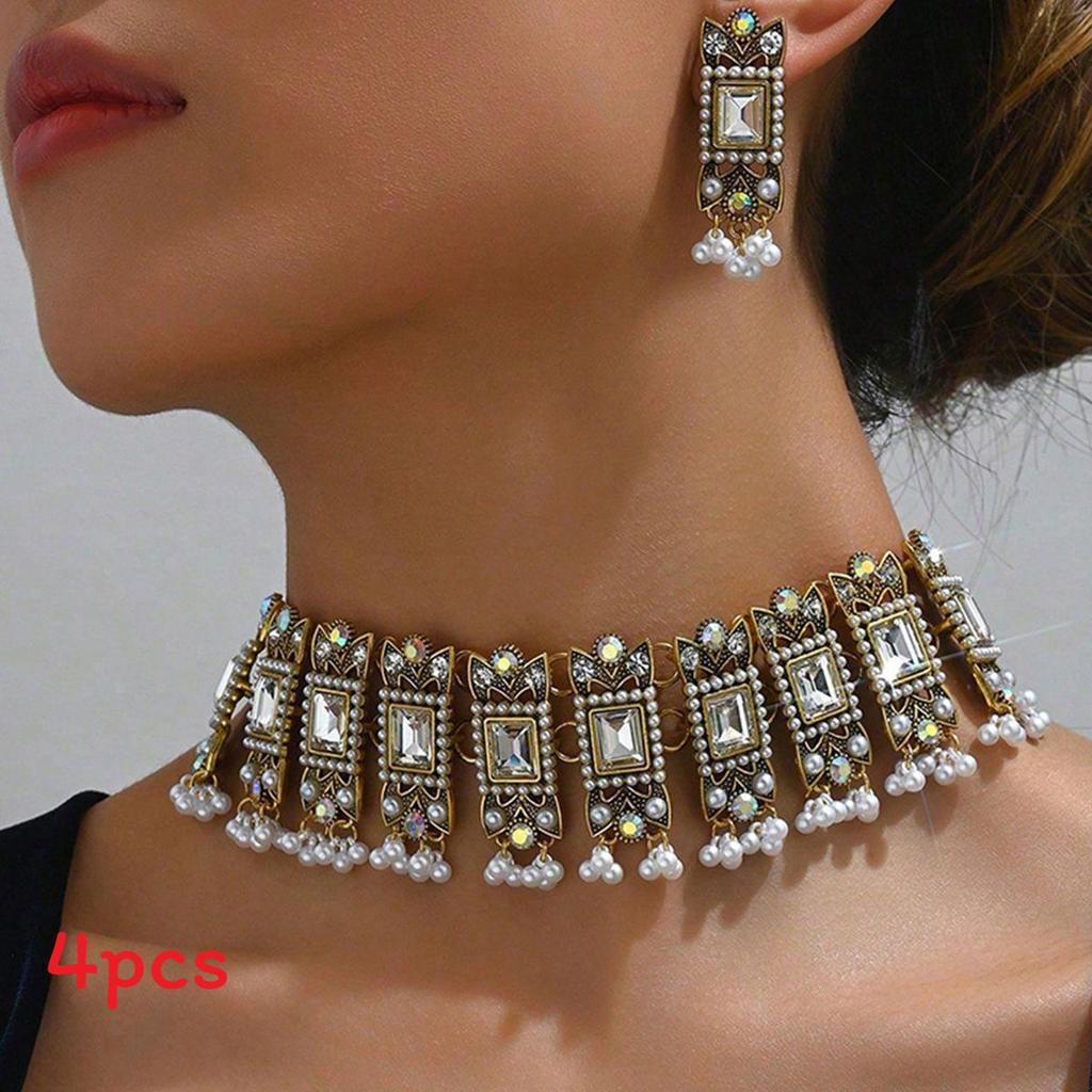 European Style Alloy Gemstone Necklace And Earrings Set With Artificial Pearl Dangles For Women