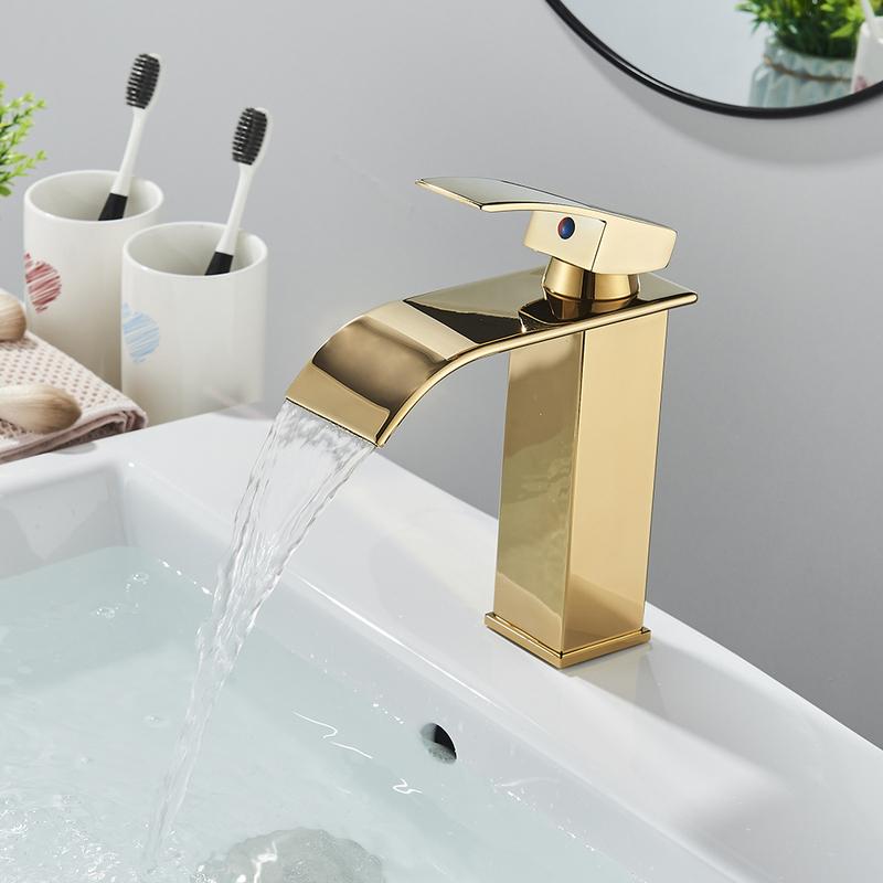 Brushed Golden Basin Faucets Elegant Waterfall Bathroom Sink Faucet Single Lever Hole Deck Mount Brass Mixer Taps