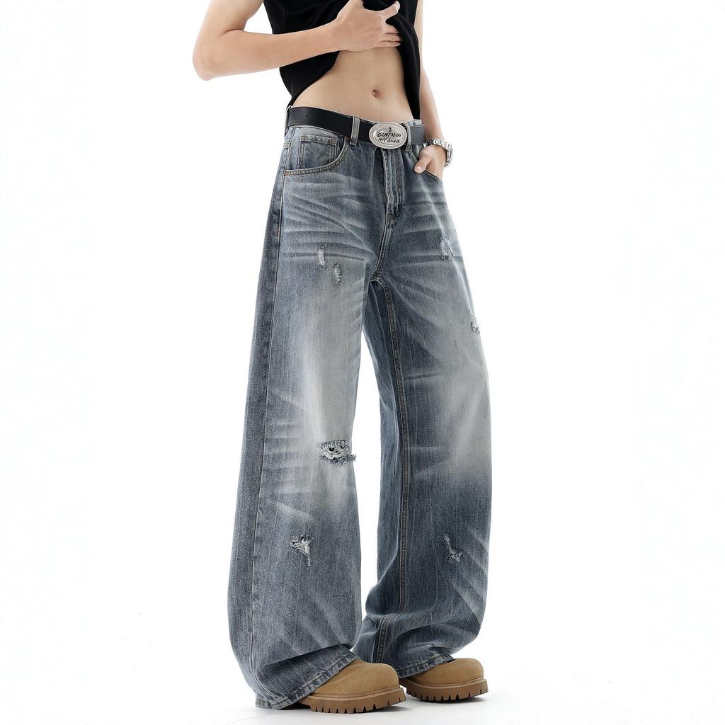 Trendy brand American ripped washed scimitar jeans men's and women's summer retro street loose and versatile wide-leg trousers