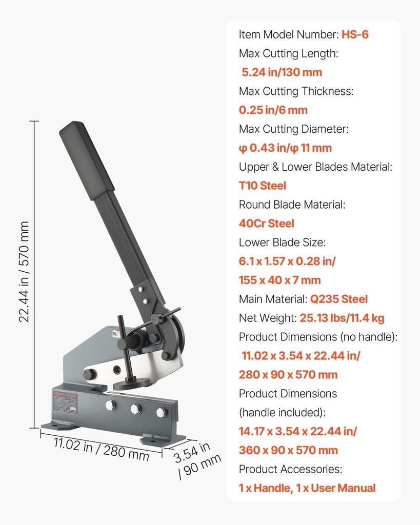 Sheet Metal Shear, 155 Mm Manual Hand Plate Shear, Heavy Duty Mounting Type Sheet Cutter with Solid Steel Frame, High Precision, Extended Handle for