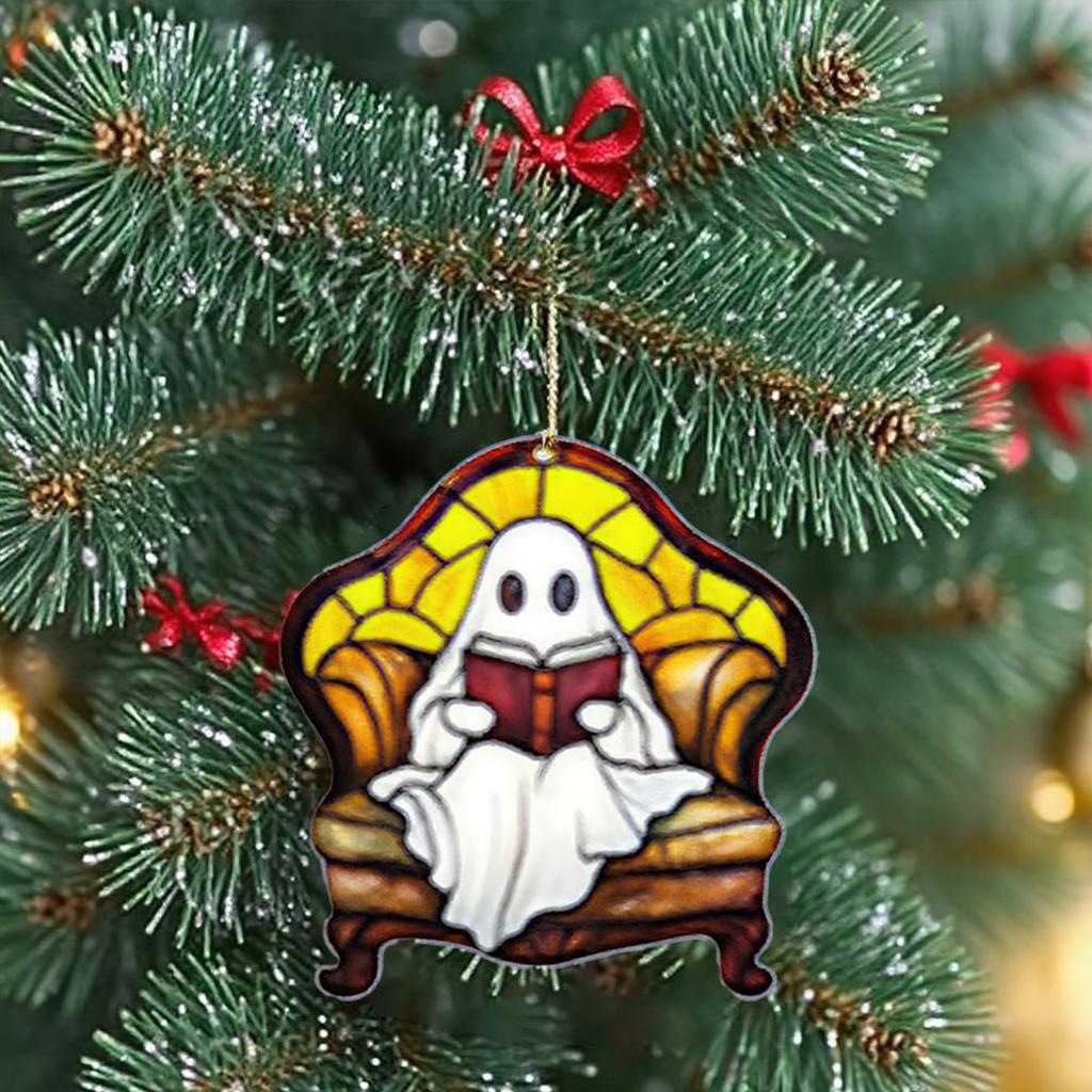 2025 Halloween Advent Calendar, 24 PCS Acrylic Ghost Reading Hanging Decorations, 2D Flat Acrylic Ghost Reading Hanging Ornament, Countdown Decor