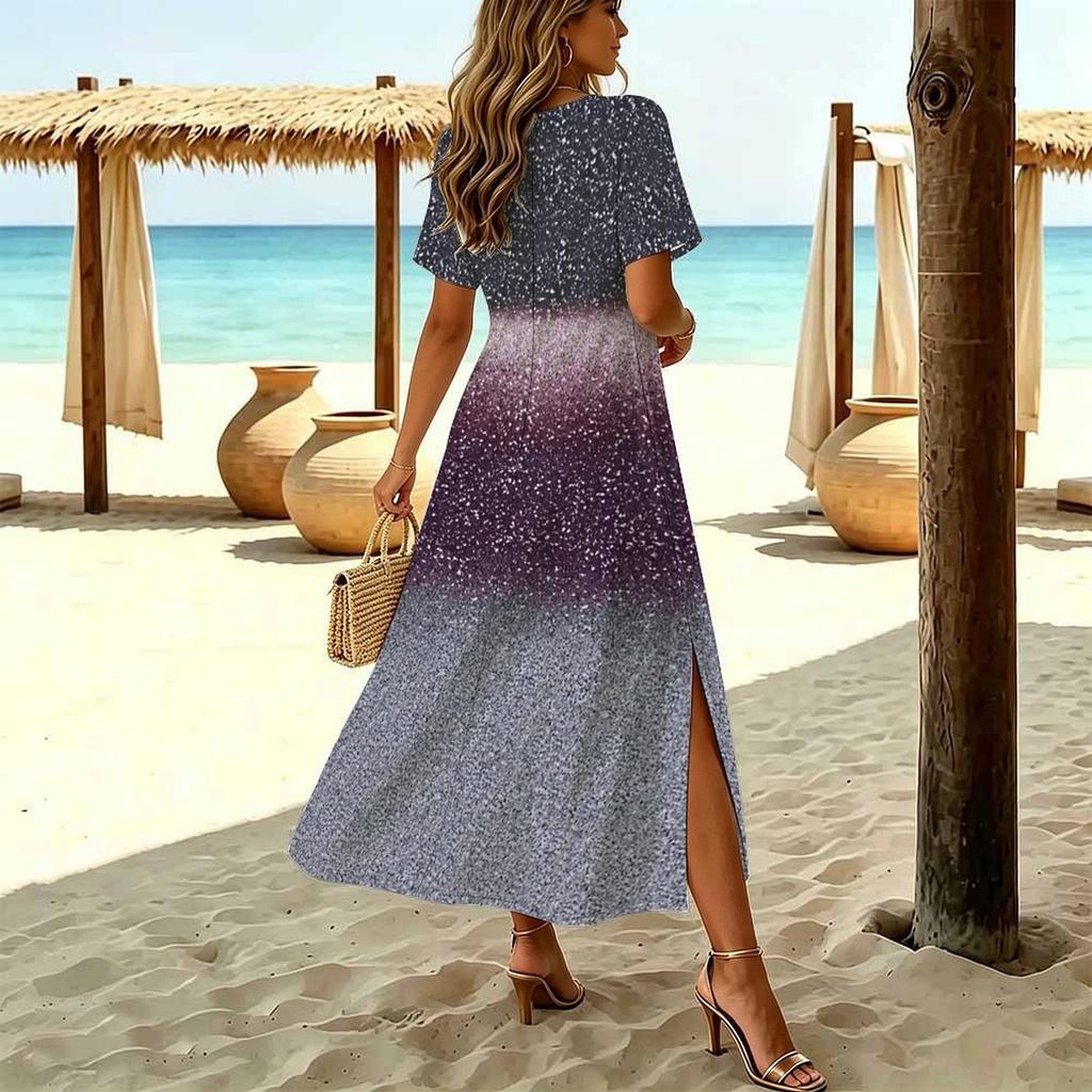 Robe Courte Manches Courtes Imprimé Géométrique Teinture Éclatante Assemblage Col Rond Mode Femme Fente Latérale Robe Décontractée Robe Longue Ample