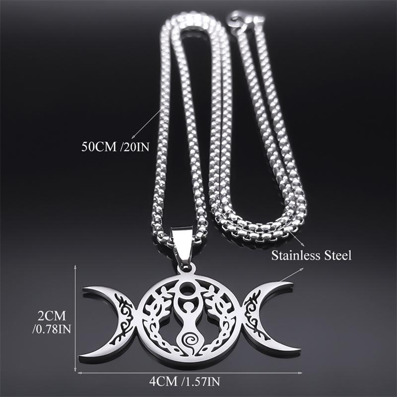 Triple Moon Goddess Luna Necklace Stainless Steel Silver Amulet Hecate Chain Jewelry for Women Men N9736S02