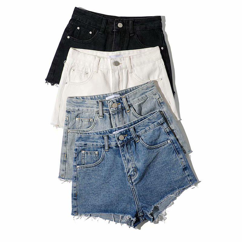 YPFF European & American High-Waist Distressed Denim Shorts for Women - Slimming, Raw Edge, Long Leg Style