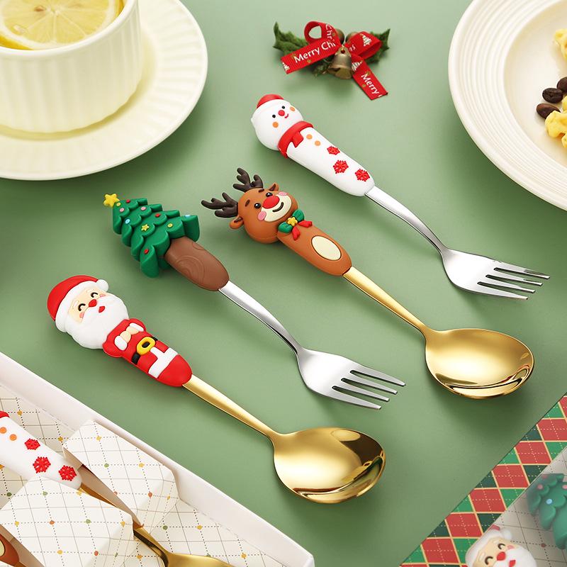 Festive Christmas Cutlery Set: Stainless Steel Cartoon Santa Spoons & Forks In Gift Box