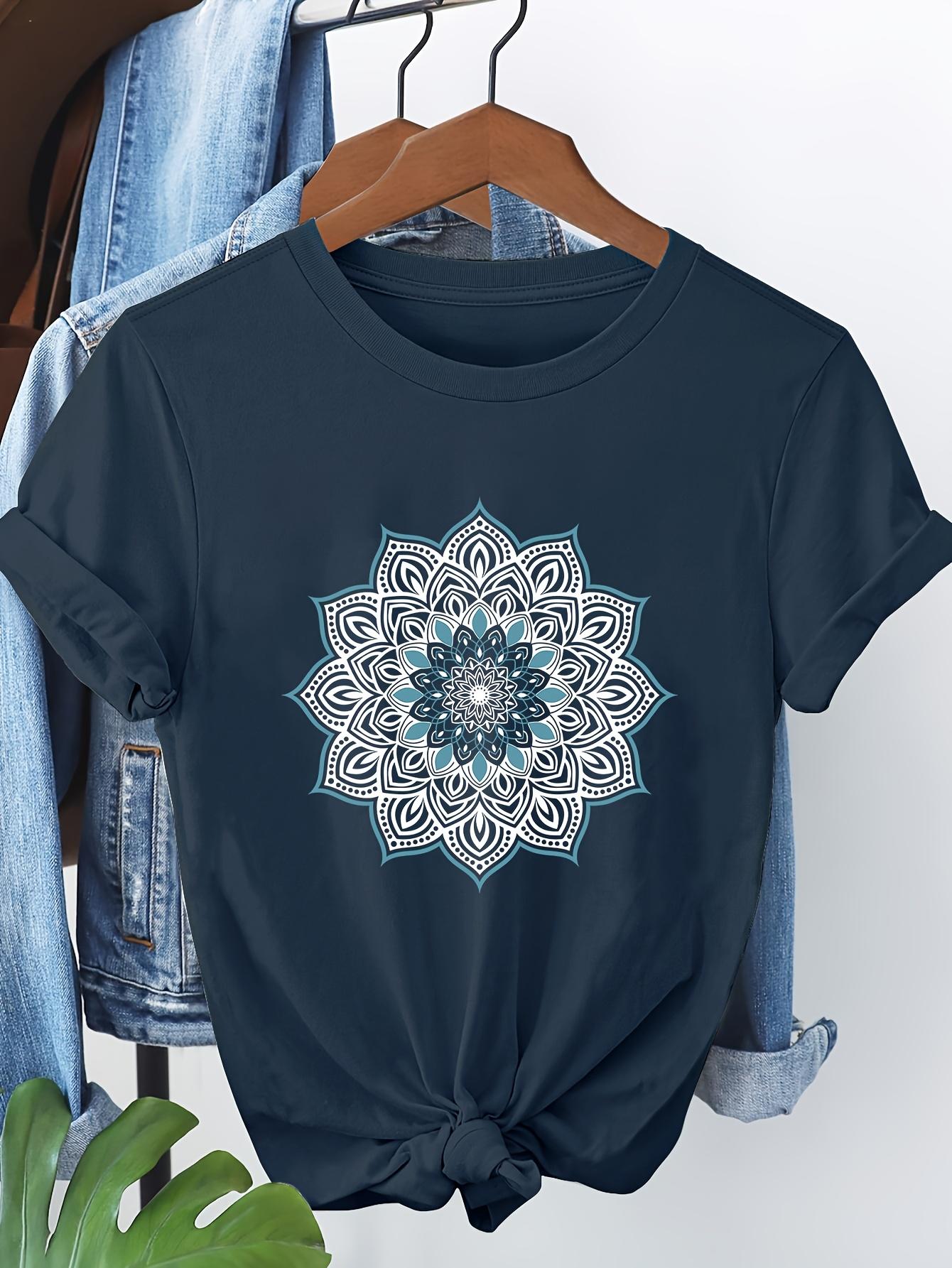 

Женская футболка с цветочным принтом мандалы, с коротким рукавом, повседневный топ с круглым вырезом, с бирюзово-черным рисунком, футболка с принтом в городском стиле 4XL