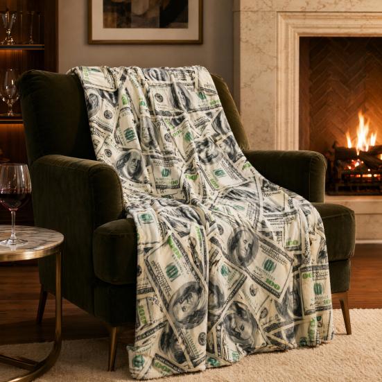Creative U.S. Money Blanket, Single-Sided Thickened Polyester Throw Blanket, Soft Warm Nap Blanket for Sofa Bed Couch