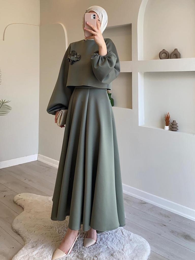 Autumn  Dubai Floral Lantern Sleeve Loose Dress & Skirt Set for Women