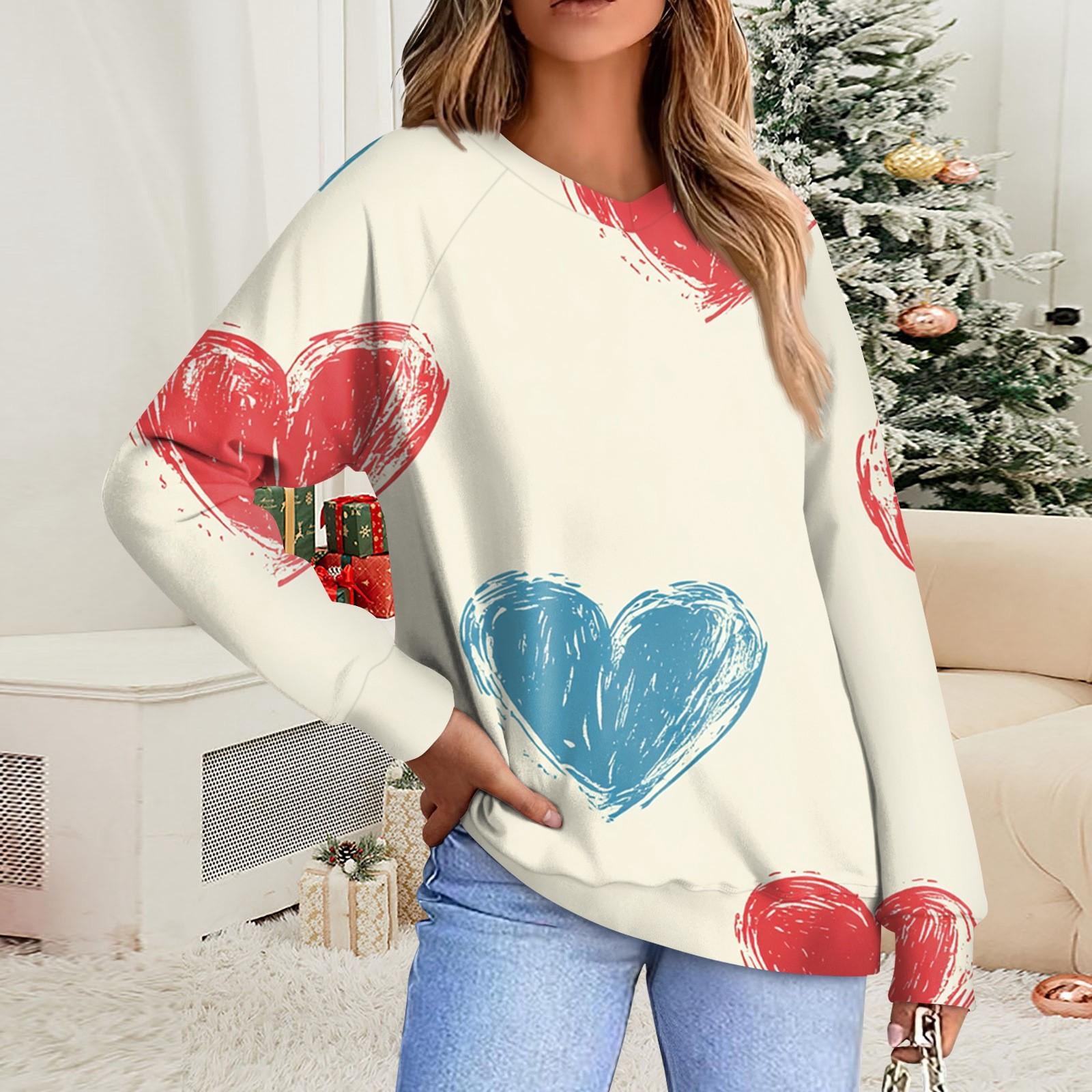 

Женская повседневная мода комфорт с манжетой V-образным вырезом с принтом ко Дню святого Валентина пуловер с капюшоном L бежевый