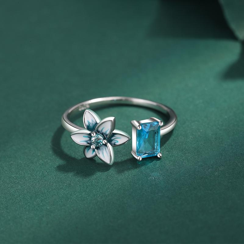 Delikat emalje safirblomst hel diamant parring for kvinner Fargerike blå originale Sterling sølv brudegavesmykker