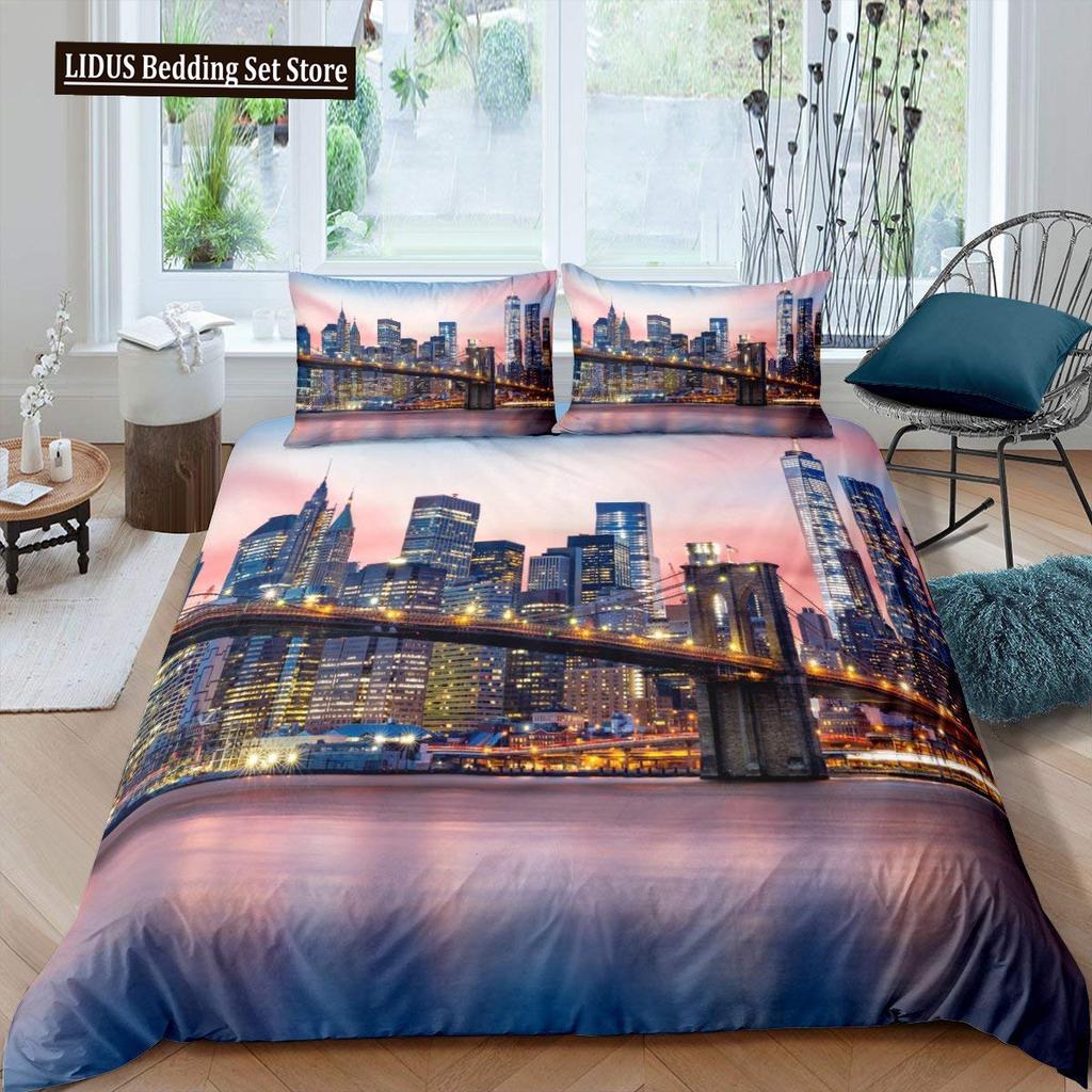 New York Duvet Cover NYC That Never Sleeps Reflection On Manhattan East River City Night Scene Room Decorative Bedding Pink Blue
