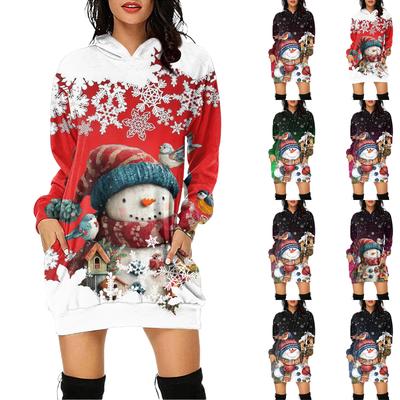 Robe pull à capuche à manches longues et imprimé de Noël pour femme avec poche