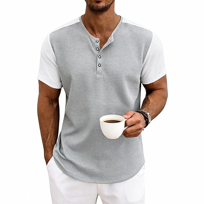 Mens Loose Short Sleeve Waffle Henley T Shirt Summer Casual Top
