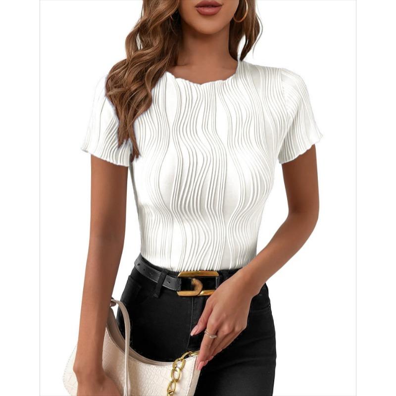 

Summer Round Neck Slim Fit Short Sleeved T-shirt Elegant Simple Top Fashion Street Wear Casual Solid Color Blouse Pleated Office Shirts Tees XXL слонова кістка