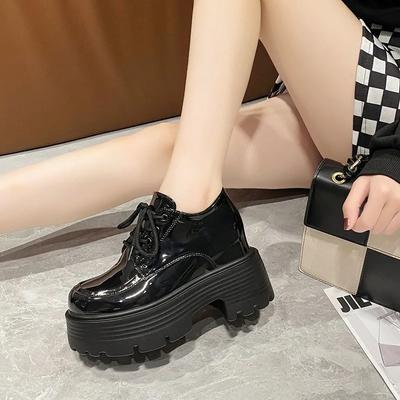 Fashion 10CM Women Patent Leather Platform Sneakers Wedge Heels Ladies Autumn Chunky Shoes Pumps Woman Lace-Up Thick Sole Casual Shoes