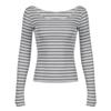2KWEIRD Japanese Basic Slim Long Sleeve Stripe Tee Off Shoulder O Neck Korean Street Style Spring Autumn Y2K Gray T Shirt Women