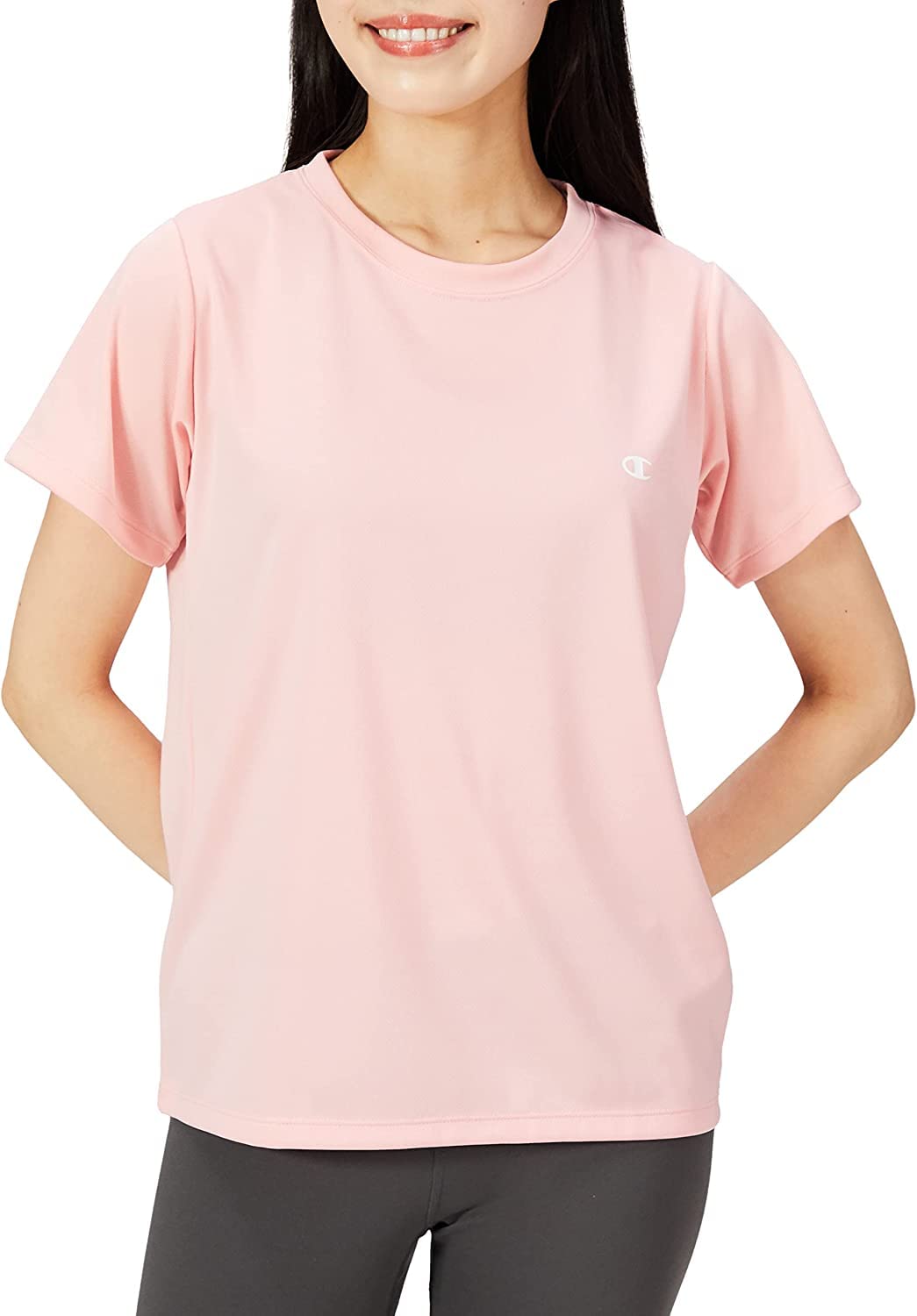

Champion Короткая футболка с круглым вырезом, однотонная, с коротким рукавом, светло-розовая, рукав, горловина, логотип, футболка, женская спортивная, CWSTS301,