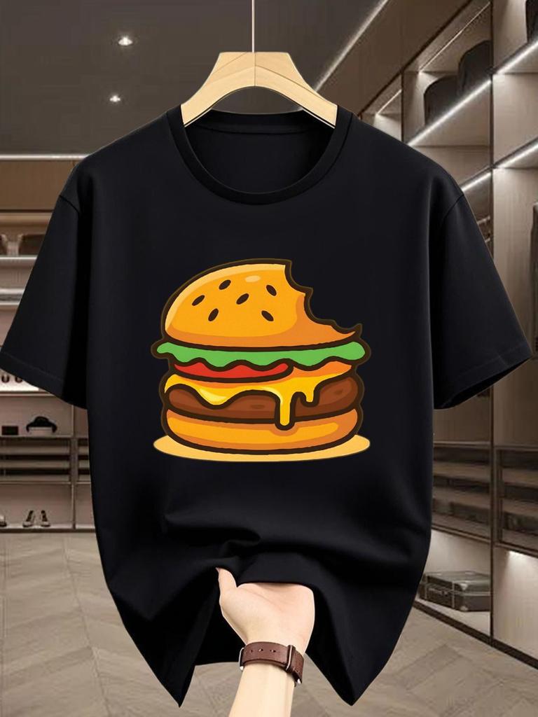 Bright Yellow Bitten Cheese Hamburger Cartoon Graphic Unisexs Short Sleeve Tee Crew Neck Fast Food Casual Daily Soft Comfort Top