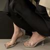 Fashion Summer 2025 New Square Toe Silver Wine Glass Heels Clear Rhinestone Peep Toe Sandals