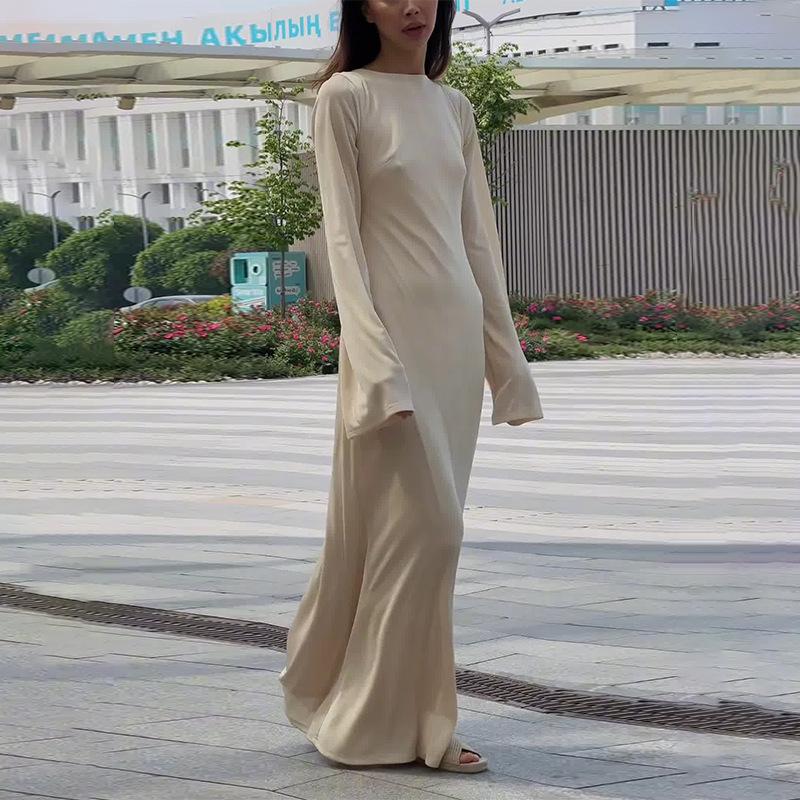 Robe d'été pour femmes 2024, couleur unie, manches longues, cintrée à la taille, style français