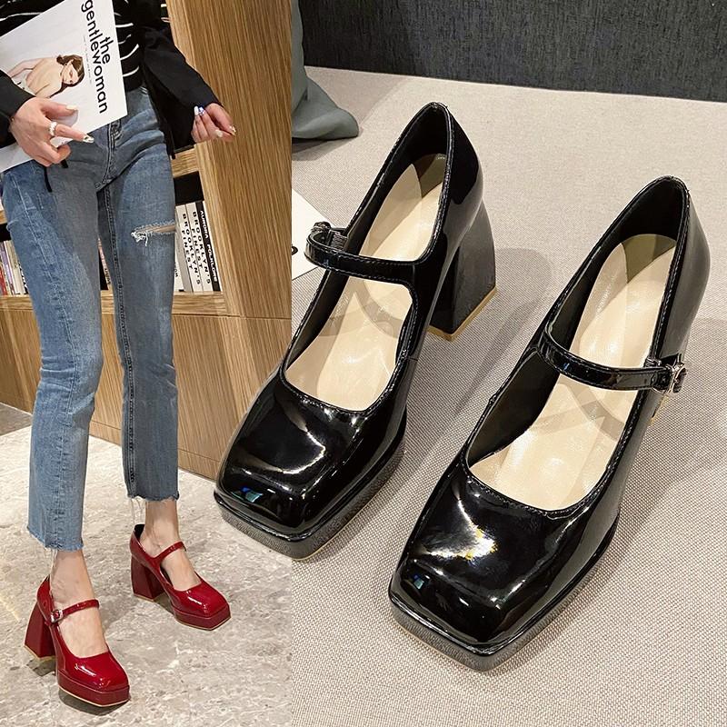 Fashion Women's 2025 Platform Pumps Square Toe Thick Heels Women's Patent High Heels Party Shoes Square Toe Square Heel