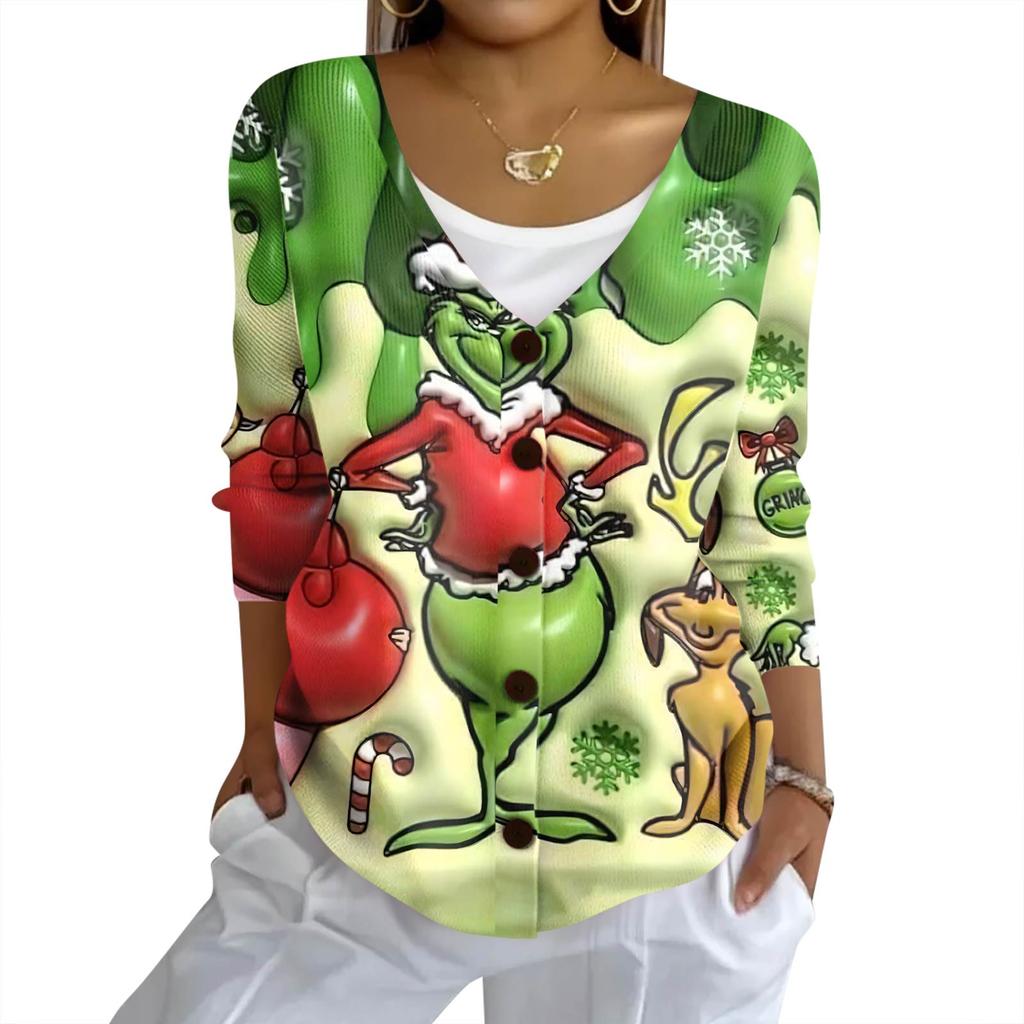 Women's Fashion Casual Knit Sweater Button-Up Christmas Print Cardigan Jacket