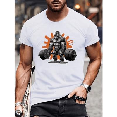 Camiseta de Verano para Hombre Tallas Grandes, Estampado Gráfico de Gorila Musculoso Levantando Barra, Camisetas de Manga Corta de Tendencia, Tops Casuales para la Vida Diaria, Hombres Altos y Corpuletos