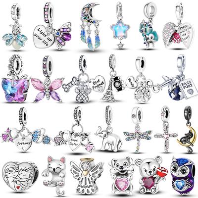 Charms Beads 925 Sterling Copper Pink Butterfly Luminous Firefly Chameleon Heart Charm Fit Original Bracelet DIY Holiday Zircon