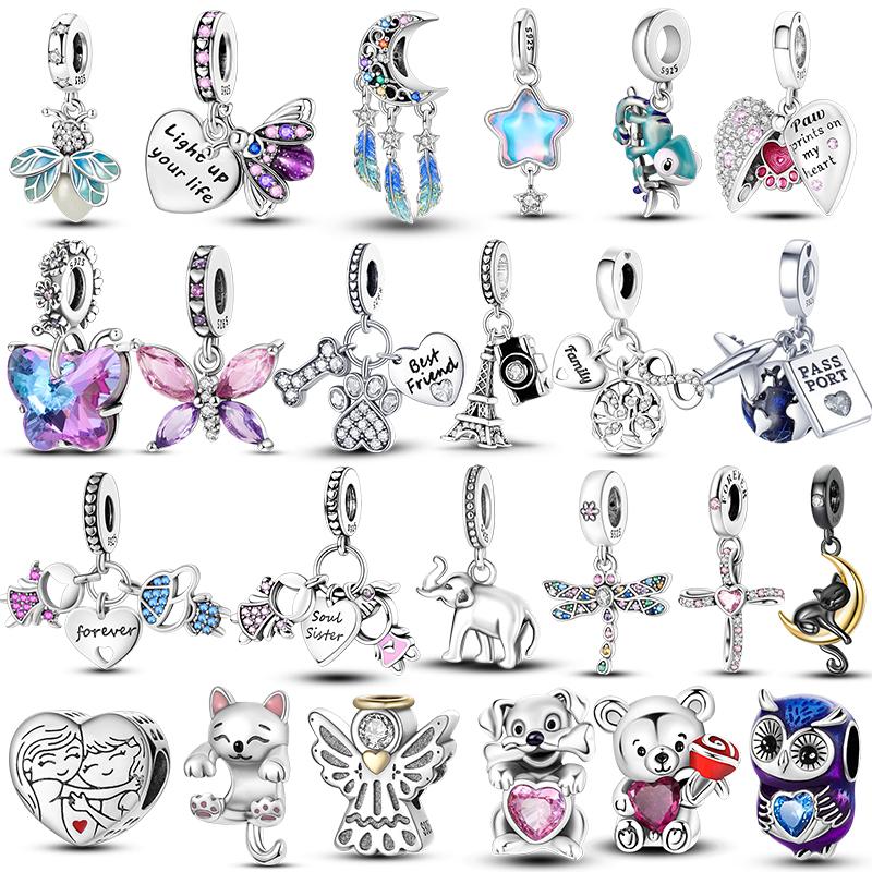 Charms Beads 925 Sterling Copper Pink Butterfly Luminous Firefly Chameleon Heart Charm Fit Original Bracelet DIY Holiday Zircon