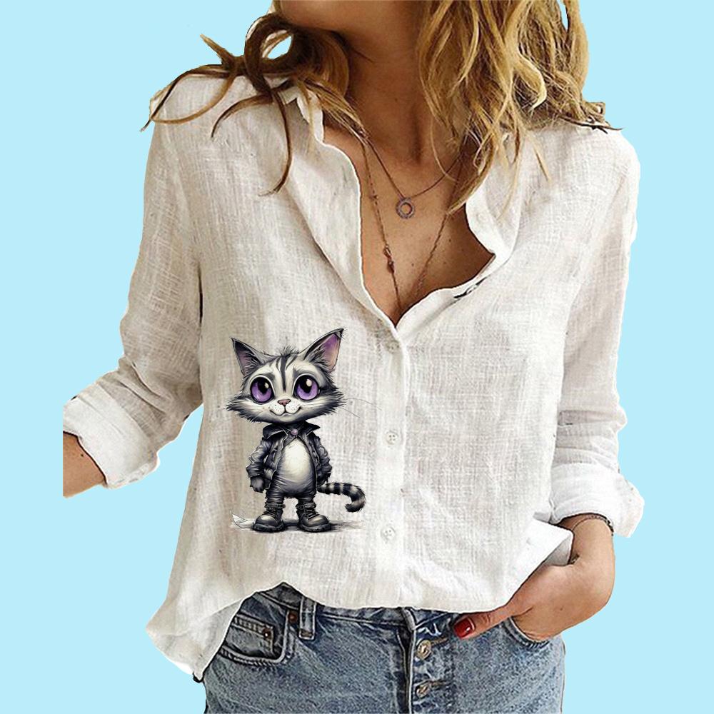 Women Fashion Buttoned Blouse Casual Thin Long Sleeve Top Ladies Cotton Linen Print Shirt