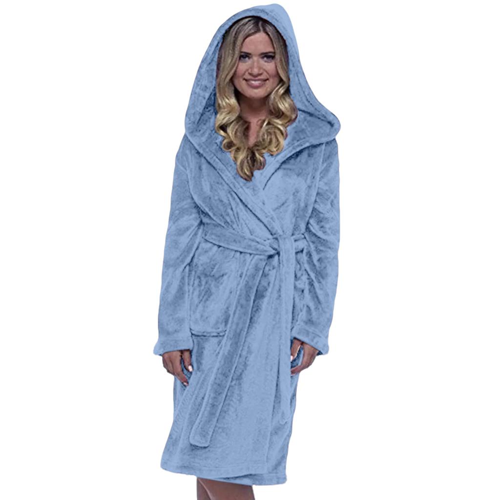 Women's Solid Color Long Sleeved Plush Bathrobe With Belt