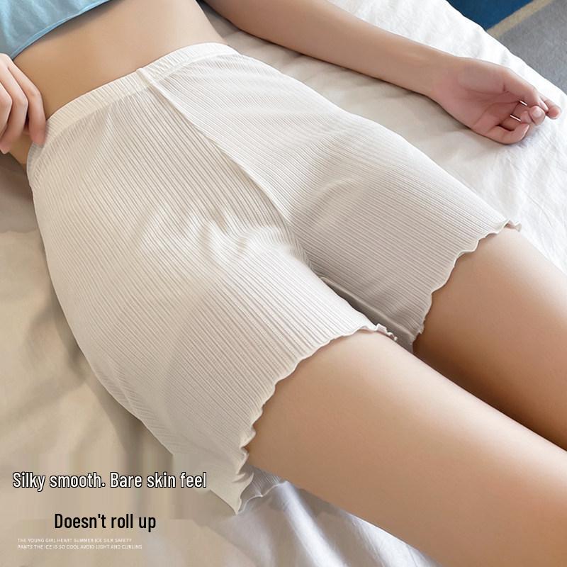 Women's Ice Silk Ribbed Safety Shorts: Anti-Exposure, Non-Rolling, Solid Color Base Layer for Summer