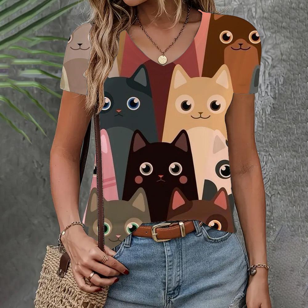 Women's T-shirt 3d Cat Print Short Sleeve Summer Fashion V-neck Top Loose Casual Half Sleeve Elegant Clothing Women's T-shirt