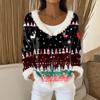 Women's Fashion Plush V Neck Pullover Top Long Sleeve Tee Christmas Printed Sweatshirt