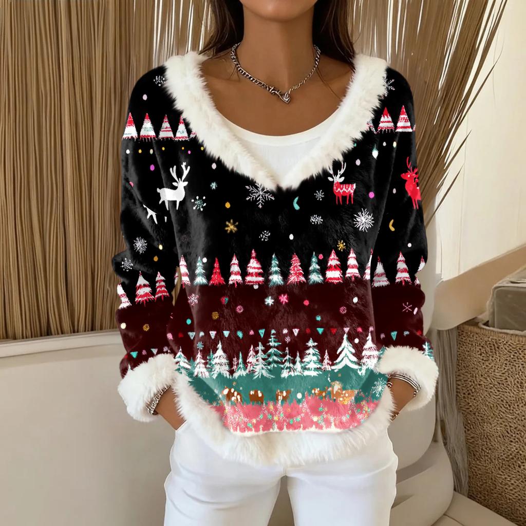 Women's Fashion Plush V Neck Pullover Top Long Sleeve Tee Christmas Printed Sweatshirt