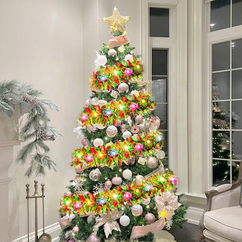 1pc 5M/16 Ft Christmas Tinsel Garland Metallic Shinny with LED Lights Tree Thick Hanging Decorations for Xmas Party Indoor Decor