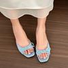 Fashion Hot Selling 2025 Summer New Butterfly Knot Small Heel Slippers Square Toe Open Toe Temperament Non-Slip Kitten Heel Slippers