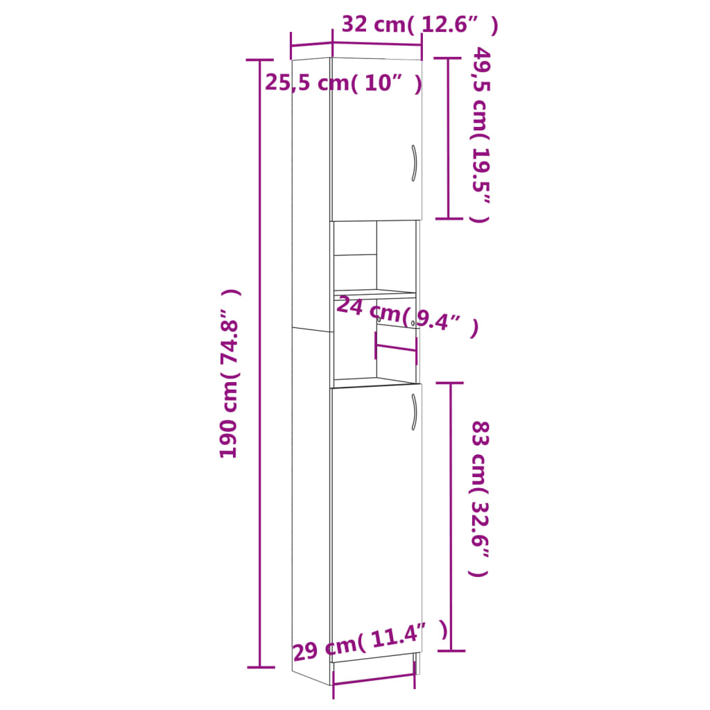 Stehender Badezimmerschrank, Eck-Badezimmerschrank, Aufbewahrungsschrank, 32×25,5×190 cm