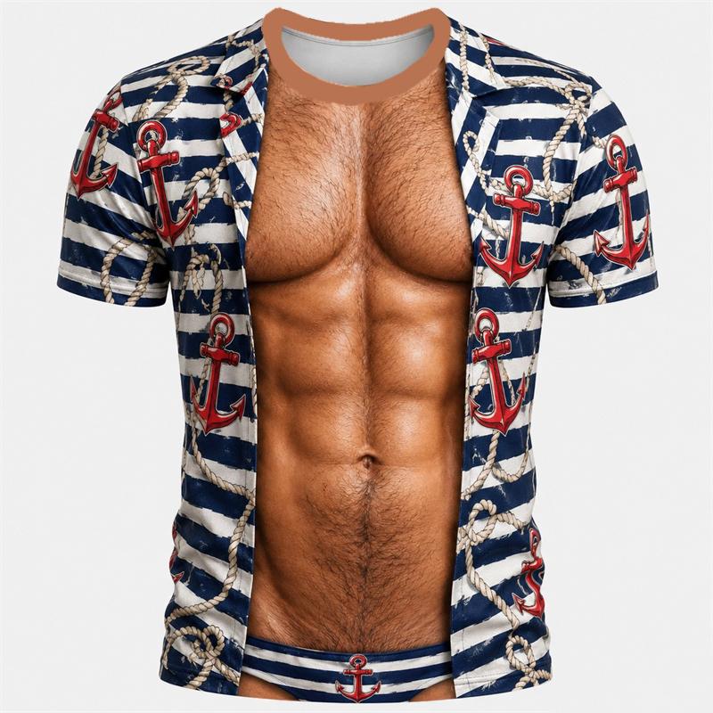 Divertente T-shirt 3D a Maniche Corte con Addominali e Peli sul Petto, Estate Spiaggia Vacanza Novità Festa Famiglia Outfit Genitore-Figlio