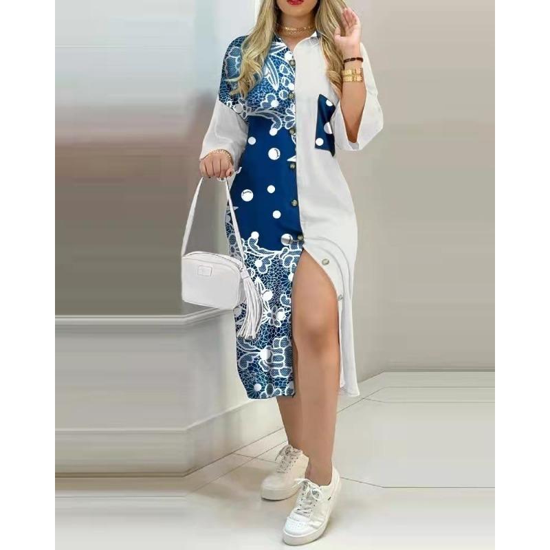 

Весенне-осенние женские платья с принтом и карманами на пуговицах, платья-рубашки с длинными рукавами, длинные платья M синий/белый